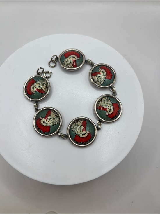 Designs From The Deep DFTD Jewelry - RARE Vintage Retro Red Rooster Disc Bracelet Attributed to Designs From The Deep